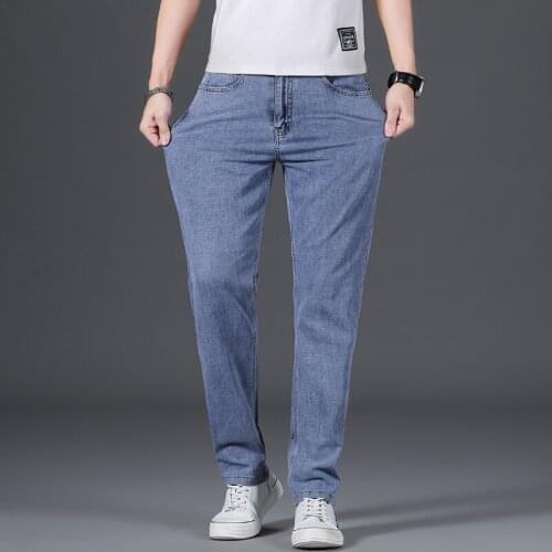 2021 Mens High Cotton Fabric Jeans Classic Style Straight Elastic Business Comfortable Pants Male Light Blue Black Trousers