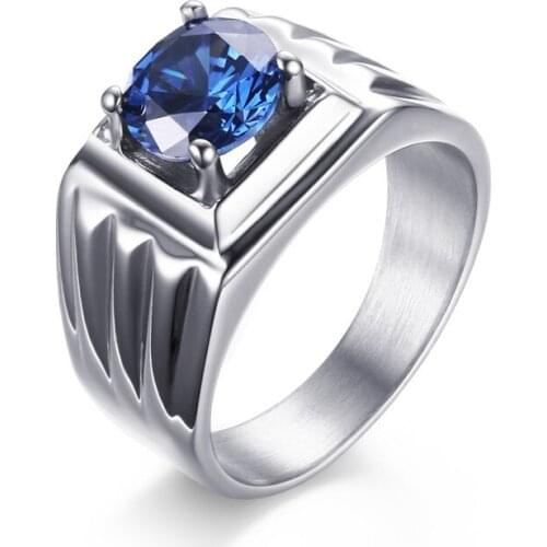 2019 new luxury high quality Stainless Steel Blue Zircon stone Casting Ring exquisite fashion men engagement wedding ring