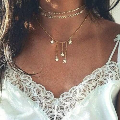 New Fashion Jewelry Gold Color Tassel Star Pendant Multilayer Chain Necklace For Women Wholesale Statement Necklace Maxi Colar