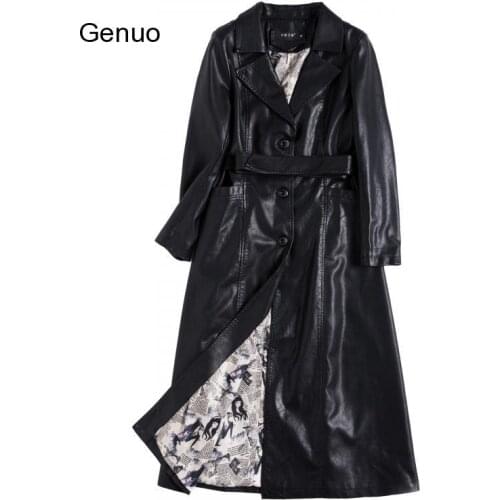 Autumn Winter Women Faux Leather Coat Moto&biker Large Size Women Overcoat Long Female Windbreaker Temperament Coat Sashes