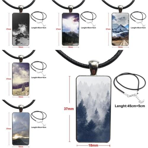 Mountain Forest Clouds For Girls Gift Fashion Glass Cabochon Necklace With Women Statement Pendant Rectangle Necklaces Jewelry