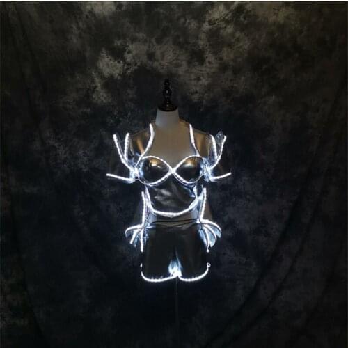 P41 Party cosplay wears led costumes dj dress luminous light mirror costumes silver skirt club rave show clothing led light wear