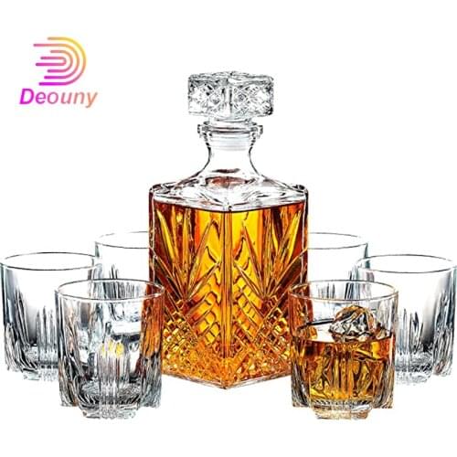DEOUNY 0.5L&1L Crafted Glass Decanter Whisky Glasses Set Elegant Whiskey Decanter With Ornate Stopper Cocktail Barware Separator