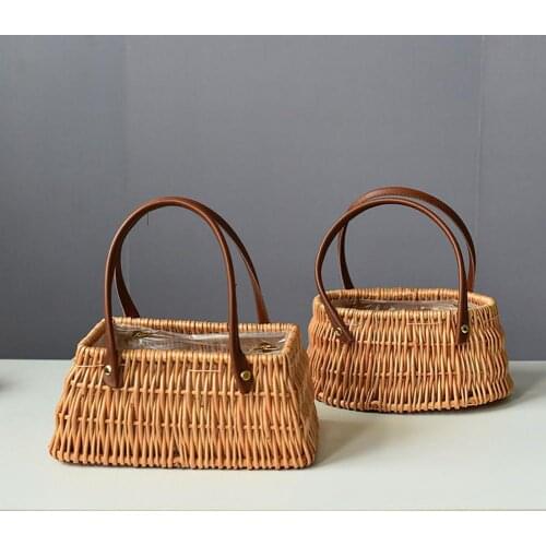 Woven Bamboo Baskets Vintage Style Weaving Flower Arrangement Basket Creative With Handle For Outdoor Picnic Home Decoration