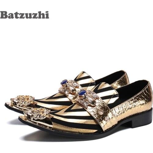 Batzuzhi Formal Shoes Men Metal Poointed Toe Foral Business Leather Shoes Zapatos Hombre Party and Wedding Shoes Men Gold,Big 12