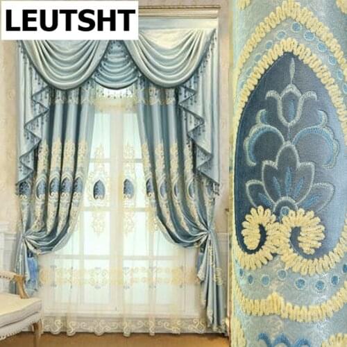 High-end Custom Finished Europe Luxury Blue Embroidered High-gloss Curtains for Living Room Modern Classic Bedroom Flat Curtain