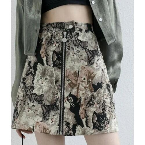 Harajuku Women Cat Pattern Skirts Korean High Waist A-line High Waist Falda Mujer Vintage Embroidery Streetwear Female Skirt