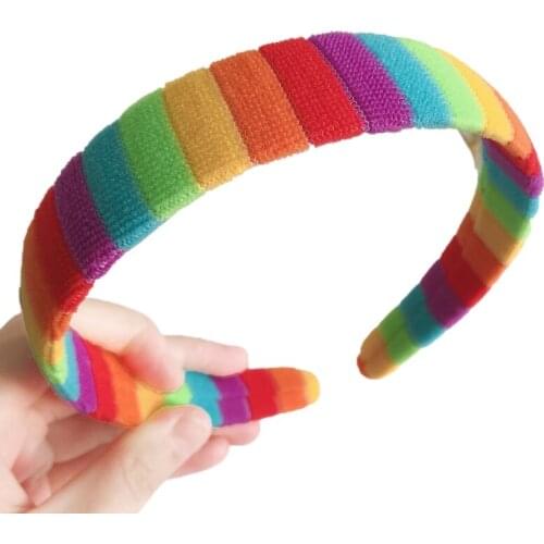 Women Autumn Wash Face Plush Headband Rainbow Striped Elastic Styling Hair Hoop