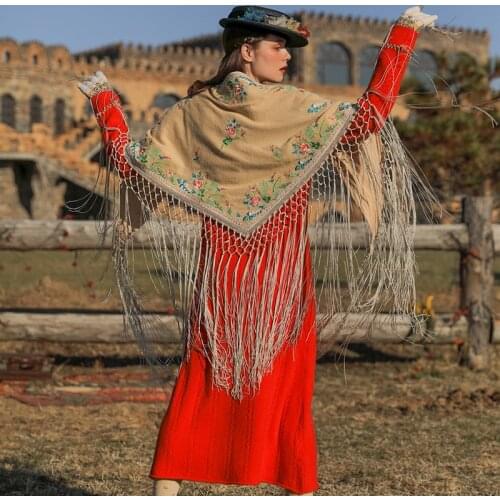 Original Design AIGYPTOS Autumn Spring Women Vintage Elegant Wraps Roses Embroidery Tassels BlingBling Knitted Cotton Scarf/Cape