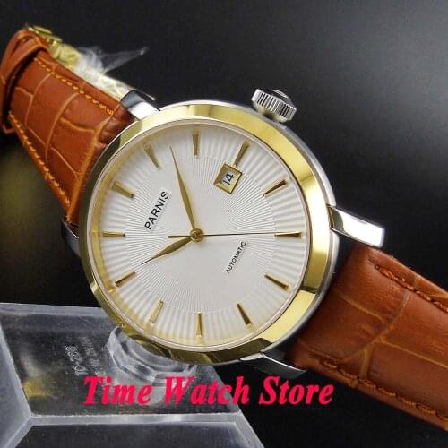 Simple Parnis 41mm 21 jewels japaness Miyota 5ATM polished Automatic mens watch sapphire glass white dial gold marks hands
