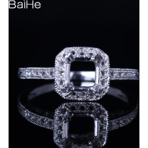 BAIHE Solid 14K White Gold(AU585) Certified Cushion Engagement Women Trendy Fine Jewelry Elegant unique Semi Mount Gift Ring