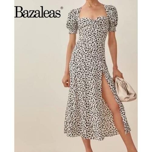 Bazaleas 2021 Sexy Short Sleeve Split Midi Dress Casual Vestidos Palace Black Leopard Print women Dress