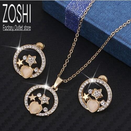 Beige Opal Stone Heart Jewelry Set Crystal Star Necklace Pendant Gold Plated Clavicle Chain Round Rhinestone Stud Earrings Set
