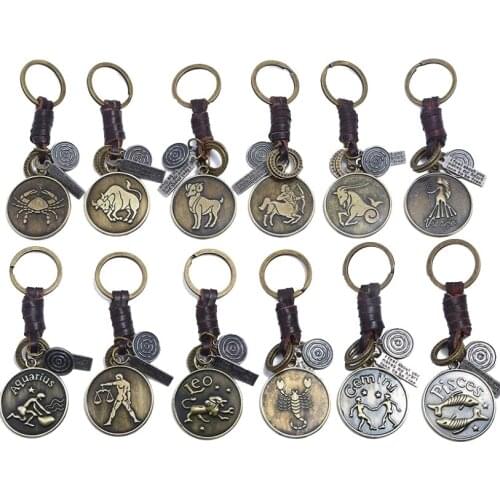 Genuine leather weave Zodiac Sign Keychain 12 Constellation Key Ring Wish Tags Aries Scorpio Sagittarius Pisces Key Chains