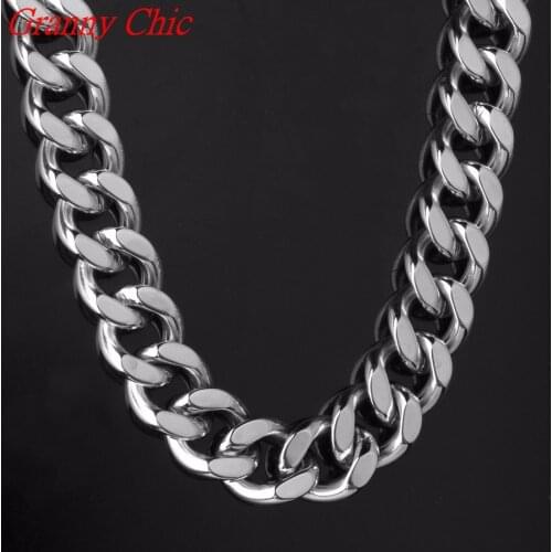 Granny Chic High Quality 316L Stainless Steel Necklace Curb Cuban Link Silver Color Mens Chain 17mm Wide Jewelry 7-40"