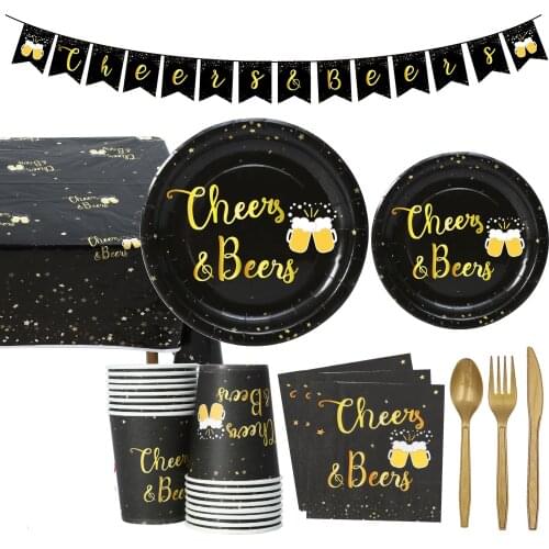 Black Stamping Gold Disposable Tableware Cheer&Beer Napkin Plate Wedding Decor Happy Birthday Party Decor Kids Boys Adult 8pcs