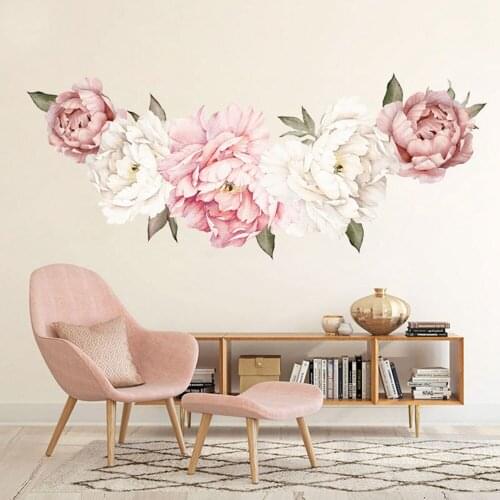 Peony Flowers Wall Sticker Waterproof PVC Rose Flowers Wall Decals Removable Floral Wall Decor Sticker for Living Room Bedroom