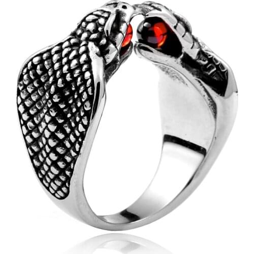 Stainless steel double snake ring with red stone punk cool biker jewelry ring