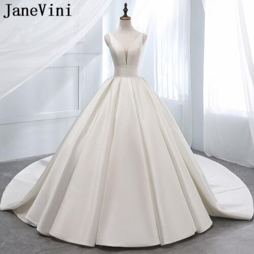 JaneVini Elegant Ivory A Line Wedding Dresses V Neck Satin Royal Train Backless Brides Dresses for Weddings Trouwjurk Plus Size