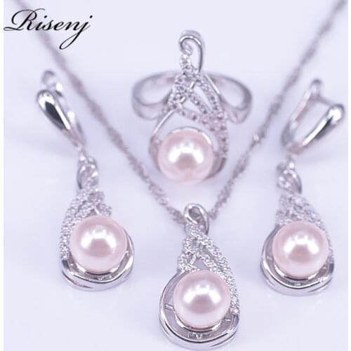 Pink Freshwater Pearl Silver 925 Jewelry Set White Zircon Costume Jewelry Set For Women Earrings Ring Necklace Set Free Shipping