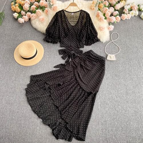 Sexy Polka Dot Chiffon 2pcs Set Women Elegant Flare Sleeve Short Bandage Tops + Ruffle Irregular Skirt Female Two Piece Suit New