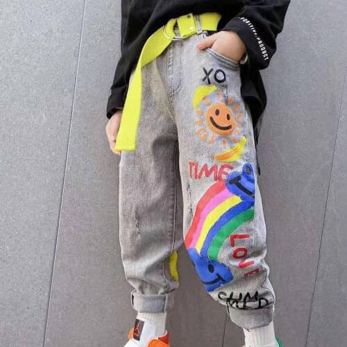 2021 Hot Deals Boys Girls Cartoon Jeans High Waist Elastic Denim Pants Childrens Clothing Fashion Cute Print Trousers 4-13Yrs