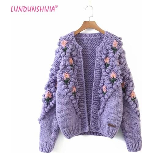 LUNDUNSHIJIA Autumn Winter Fashion Elegant Fruit Flowers Embroidery Sweaters For Women Handmade Crochet Female Cardigan Coats