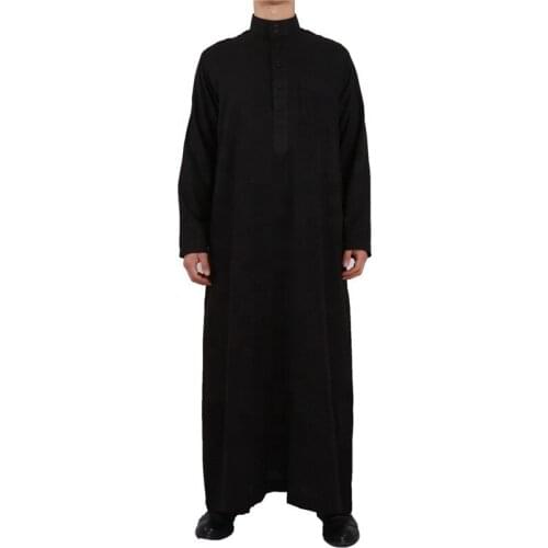 Men Qatar Muslim Moroccan Islamic Style Black Cotton Linen Long-Sleeved Stand-Up Collar Plus Size Arabian Robe Men Worship Robe