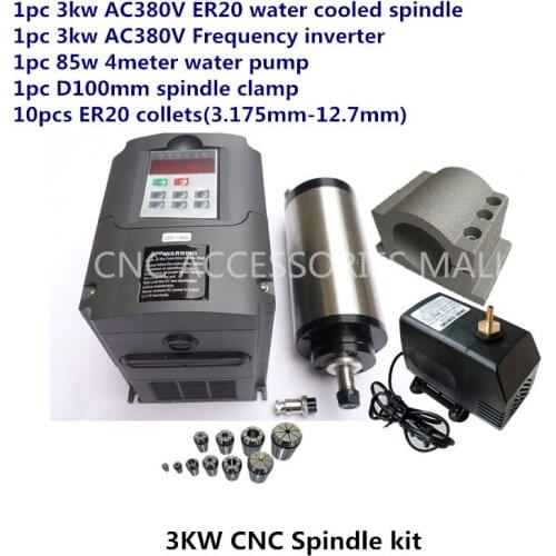 Spindle kit 3KW AC380V milling spindle motor+ 3KW VFD inverter + D100mm spindle bracket + 85W water pump+ER20 collets