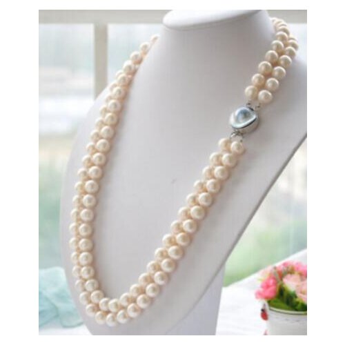 Charming 2row 9-10mm white akoya round white PEARL necklace 17-18inch AAA