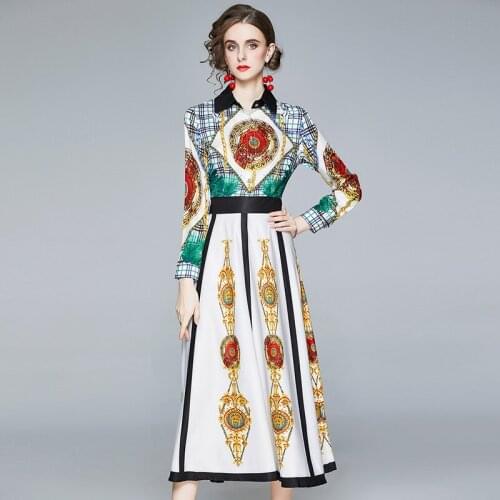 Autumn Long Sleeve Big Shirt Dress Printed Vintage Contrast Color Large Swing High Waist Long Sleeve Turn-down Collar Midi Dress