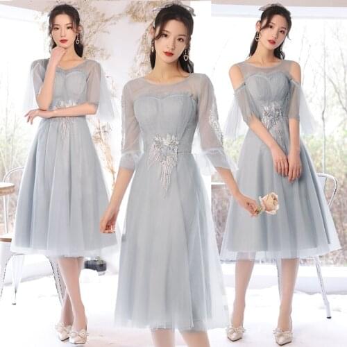 Bridesmaids Dresses Illusion Short O-Neck Tulle Embroidery Sequined Pearls Off The Shoulder A-Line Women Wedding Party Gown E652