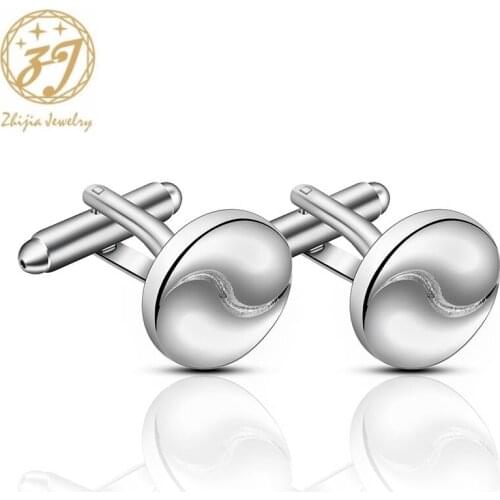 Zhijia simple business style round cufflinks silver color high quality copper alloy mens cuff links gifts