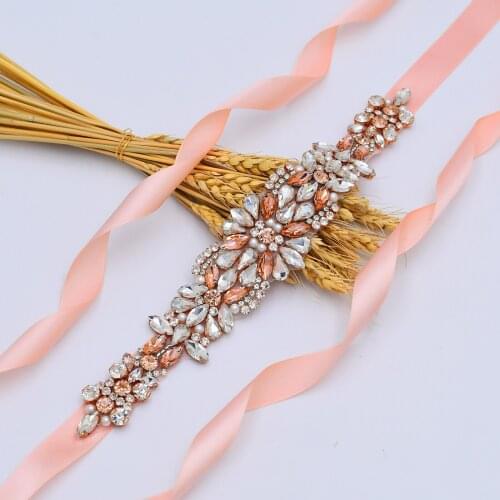 S423 Hot Sale New Rose Golden Wedding Belt Bridesmaid Bridal Dress Accessories Belts for Evening Dresses Womens Fashion Sash
