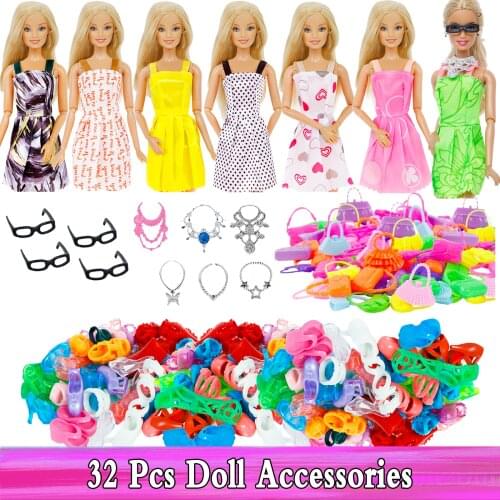 Random 32 Pcs=10 Mixed Style Mini Dress + 10 Shoes + 6 Necklace + 4 Glasses + 2 Plastic Bags Clothes for Barbie Doll Accessories