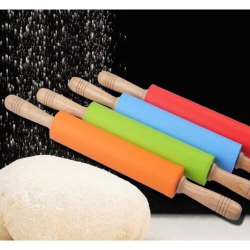 Cake Fondant Paste Stick Rolling Pin Sugarcraft Baking Tool Mold Non-stick Silicone Pink With Wooden Handle Pastry Dough Roller