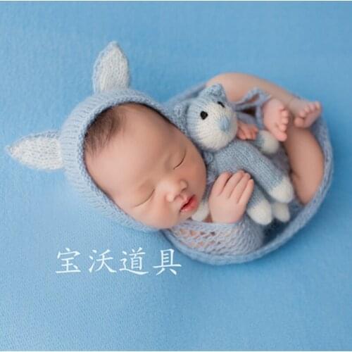 Newborn Knit Mohair Hat Set Crochet Stuffer Animal Toy Bonnet HandKnitted Angora Fuzzy Toy Newborn Photograpy Props