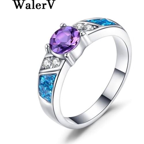 WalerV High Quality Imitation Blue Opal Stone Ring for Womens Set Fashion Oval Purple Crystal Wedding Jewelry Color Ring