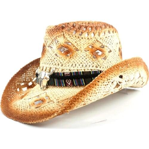 2019 Retro Women Men Straw Hollow Western Cowboy Hat Lady Handmade Sombrero Hombre Beach Cowgirl Jazz Sun Hat Size 56-58CM