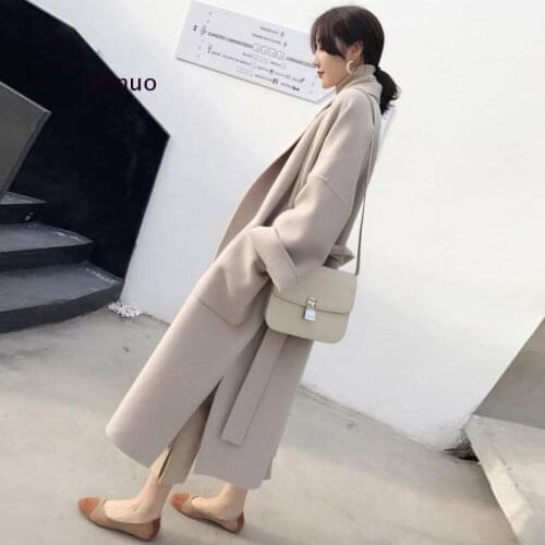 Wool Blends Women Notched Solid Pockets Korean Style Side-slit Lace-up All-match Elegant Chic Ins Winter Womens Outwear Ulzzang
