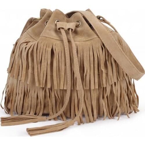 Women Faux Suede Drawstring Bucket Bag Vintage Handbag Fringe Tassel Messenger Shoulder Bags C66