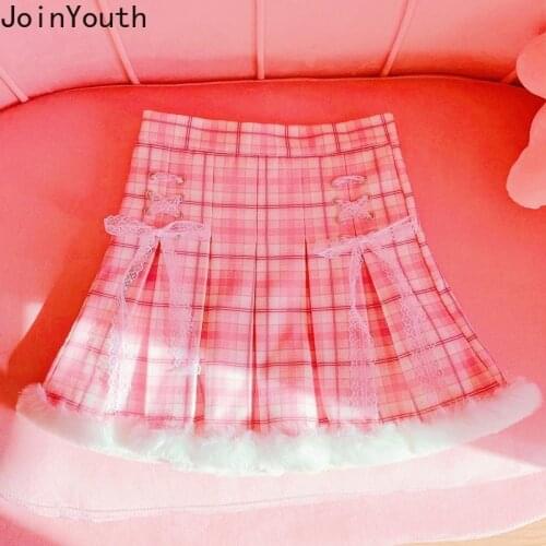 Joinyouth Sweet Women Skirts Korean Fashion Kawaii Sweet Jupe Lace Up Plaid Pleated Mini Skirts Faldas Mujer Moda 2020 7b811