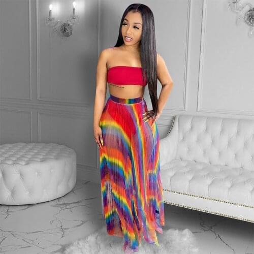 Sexy Off The Shoulder Wrap Chest Crop Top+underpants+rainbow Ruched Maxi Skirts for Women Summer Bohemian Holiday 3 Piece Sets