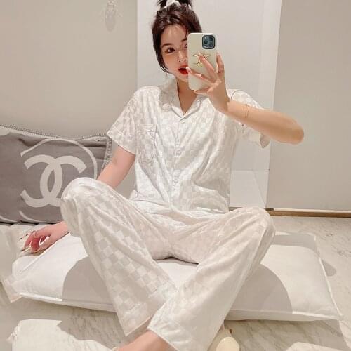 Ice silk pajamas womens summer short sleeve suit silk summer home clothes plaid white summer home clothes