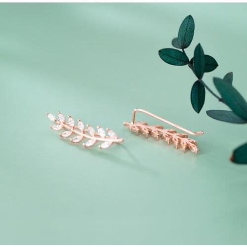 100% Real 925 Sterling Silver Zircon Leaf Ear Climber Earrings Luxury Leaves Plant Ear Crawler Earrings for Women Birthday Gifts