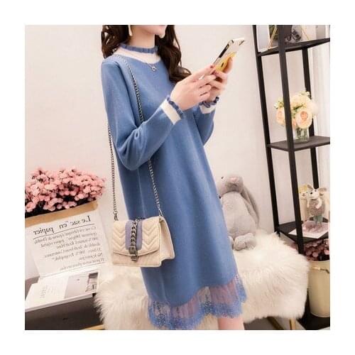 3 colors Medium Long Lace Patchwork Wool Women Spring And Autumn blue beige black Pullover Sweater Dress plus size Dress Women