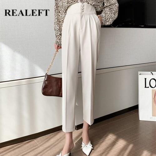 REALEFT 2021 New Autumn OL Style Button Womens Harem Pants High Waist Office Formal Elegant Ankle-Length Trouser Pockets Female