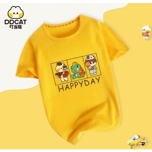 DDCAT 2021 Cartoon Printed Brand Oversized Happyday T-shirt for Boys and Girls T-shirts for Teenagers Brother and Sister Clothes
