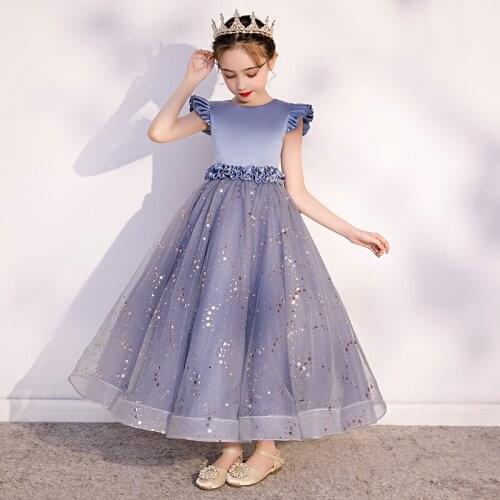Flower Girl Dresses Sequined Princess Sleeveless Ruched Ball Gown Tiered Floor-Length Tulle Luxury Purple Kid Party Dress D241
