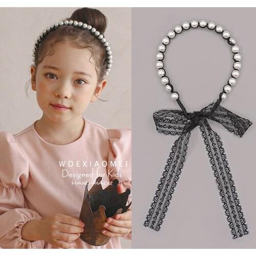 Elegant Fake Pearls Hairbands Headband Girls Women Sweet Pearl With Lace Bowknot Tied Hair Band Fashion Kids Hair Ornaments Gift